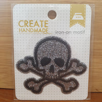 Iron-On Motif ~ SKULL and CROSSBONES SILVER GLITTER