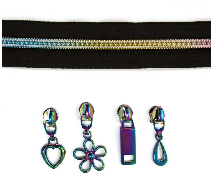 Iridescent Rainbow Zipper ~ 3m with 12 assorted pulls